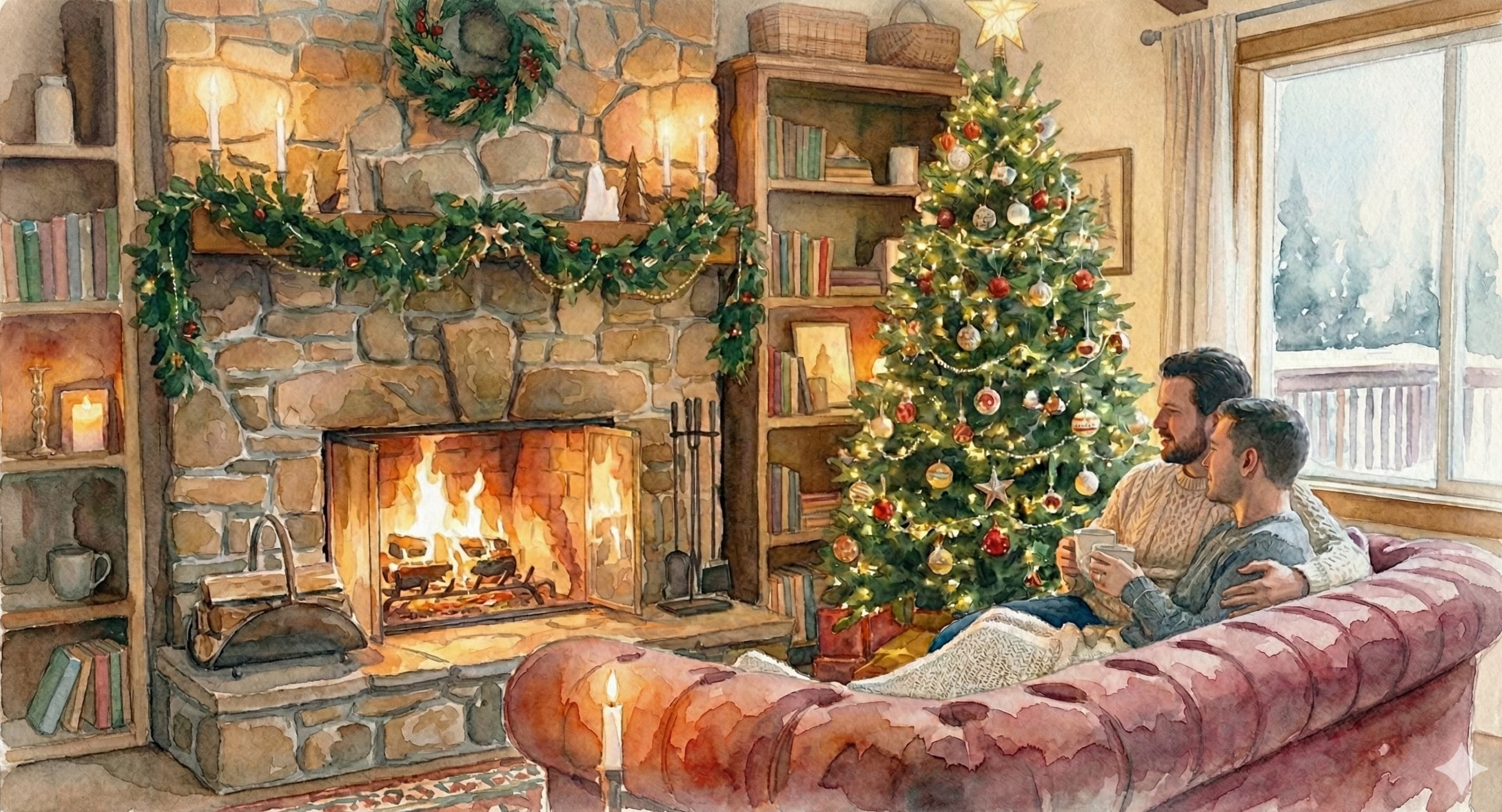 Cozy living room with a fireplace, Christmas tree, and people sitting on a couch.